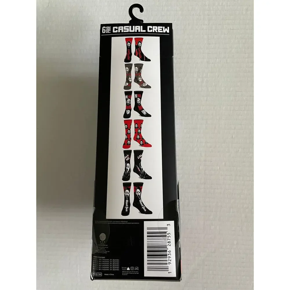 Adult 6 Pair Ghost Face Scream Movie Crew Socks Size 8-12 NEW